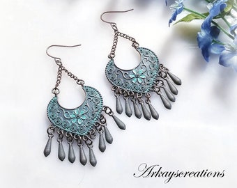 Boho Copper Fringe Earrings, Hippie Dangling Earrings, Bohemian Jewelry