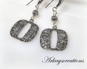 Silver Tribal Dangle Earrings, Boho Chic Style, Mayan Jewelry for Women
