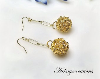 Yellow Gold Ball Dangle Earrings, Summer Jewelry