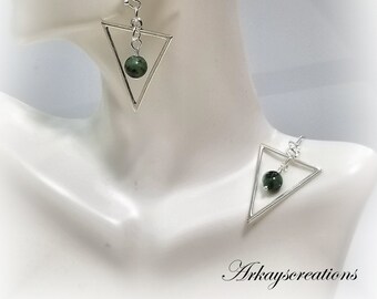 Silver Ruby Zoisite Triangle Earrings, Bohemian Jewelry