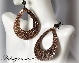 Large Natural Copper Earrings, Lightweight Dangly Hoops