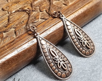 Etched Copper Teardrop Earrings, Anniversary Gift