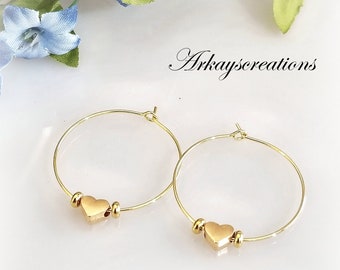 Lightweight Hoop Earrings with Hearts, Gold Jewelry Women