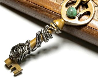 Skeleton Key Pendant Necklace – Wire Wrapped Key Jewelry, Handmade Rustic Gift for Her