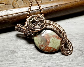 Handcrafted Wire Weave Stone Pendant Necklace – Earthy Copper Jewelry, Unique Natural Stone Gift for Her