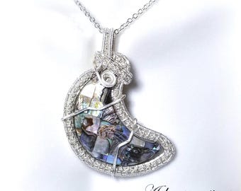 Iridescent Abalone Moon Pendant — Artisan Wire Wrapped Necklace for Her