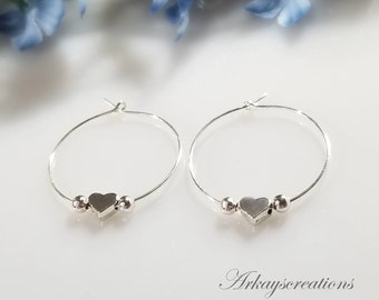 Hoop Earrings with Hearts, Silver Jewelry Women, Lightweight Hoops