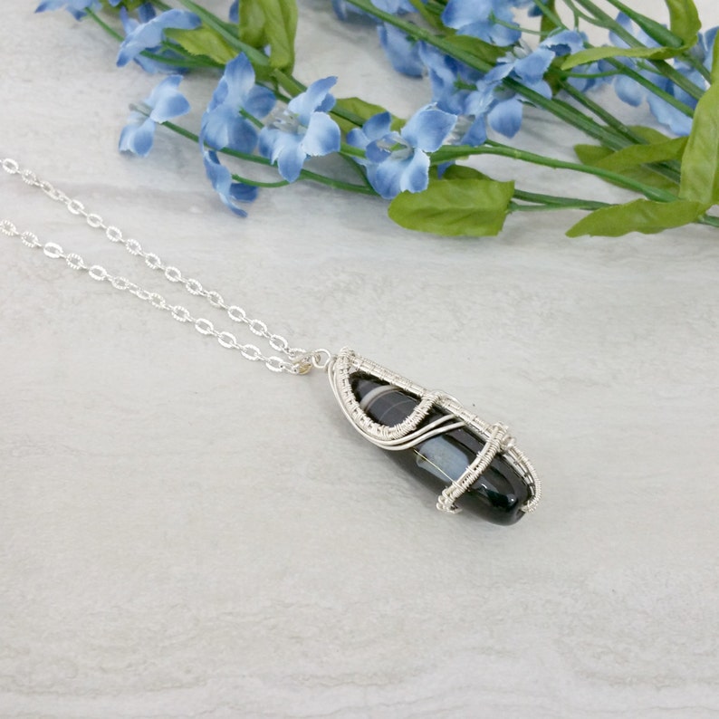 Wire Wrapped Agate Pendant Necklace Silver Etsy
