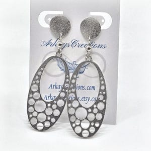 Long Modern Earrings, Silver Oval Earrings, Dangle Post Earrings, Simple Galaxy Jewelry
