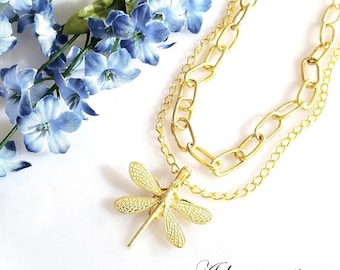 Gold Layered Necklace Set, Dragonfly Pendant, Paperclip Chain