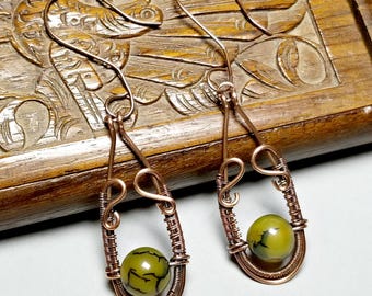 Dragon Vein Agate Earrings in Wire Wrapped Oxidized Copper Lightweight Artisan Jewelry