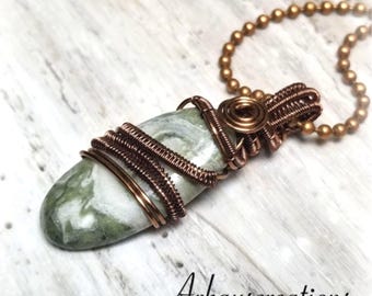 Artisan Wire‑Wrapped Jasper Necklace — Earthy Green Gemstone Pendant