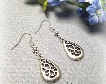 Silver Filigree Earrings, Teardrop Earrings, Dangle Earrings