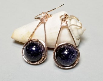 Rose Gold Glitter Earrings, Galaxy Earrings, Blue Goldstone Navy Blue Jewelry