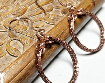 Handwoven Copper Hoop Earrings – Elegant Artisan Jewelry Gift for Her
