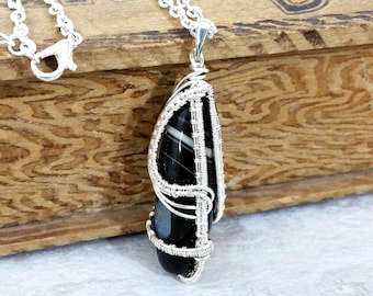 Wire Wrapped Agate Pendant Necklace – Black dZi Style Gemstone