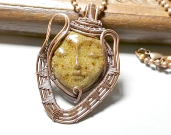 Copper Wire Wrapped Face Pendant – Moon Face Cabochon Necklace, Tribal Boho Jewelry, Unique Artisan Gift
