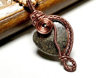 Pyrite Heart Necklace — Wire Woven Gray Stone Pendant for Her