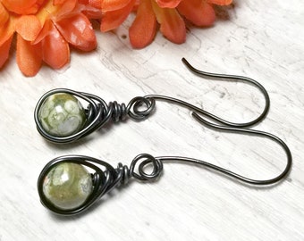 Wire Wrapped Rhyolite Earrings, Black Jewelry