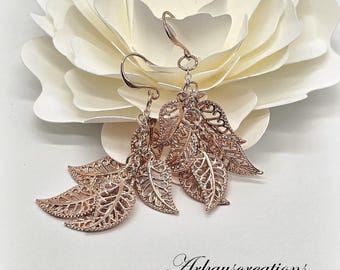 Sparkling Rose Gold Leaf Dangle Earrings - Statement Piece for Any Occasion