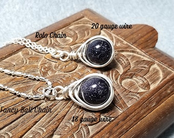 Sterling Silver Blue Goldstone Necklace, OOAK Herringbone Jewelry