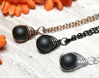 Black Onyx Herringbone Pendant — Protective Stone Wire Wrapped Necklace