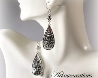 Embossed Silver Teardrop Earrings, Dangling Earrings