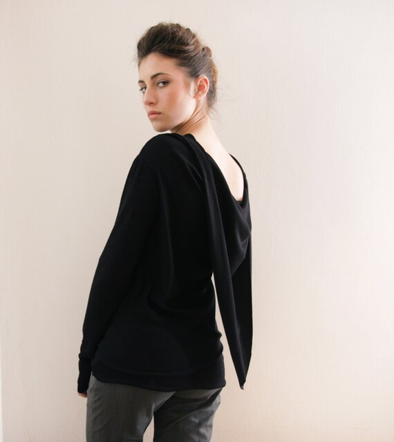 Boat Neck Blouse Black Long Sleeve Top Winter Blouse Cowl Etsy