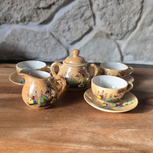 Vintage 1930s Japanese Miniature Lusterware Tea Set, Art Deco Hand Painted Orange Iridescent Dollhouse Tea Party Service, As Is Craft Lot