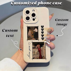 May include: A cream-colored phone case featuring two rectangular photo frames, a column of five black heart icons, and the black cursive text "Love you" with a small heart. The case includes a camera cutout and the text "Customized phone case".