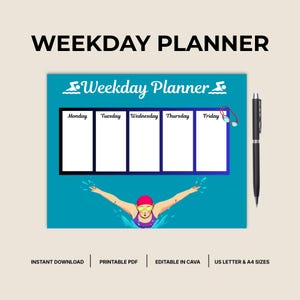 Könnte beinhalten: Ein türkisfarbener Wochenplaner mit der Aufschrift Weekday Planner und einer Tabelle für Montag bis Freitag. Unter der Tabelle befindet sich die Illustration einer schwimmenden Person mit rosa Badekappe und Schwimmbrille. Ein schwarzer Stift liegt rechts.