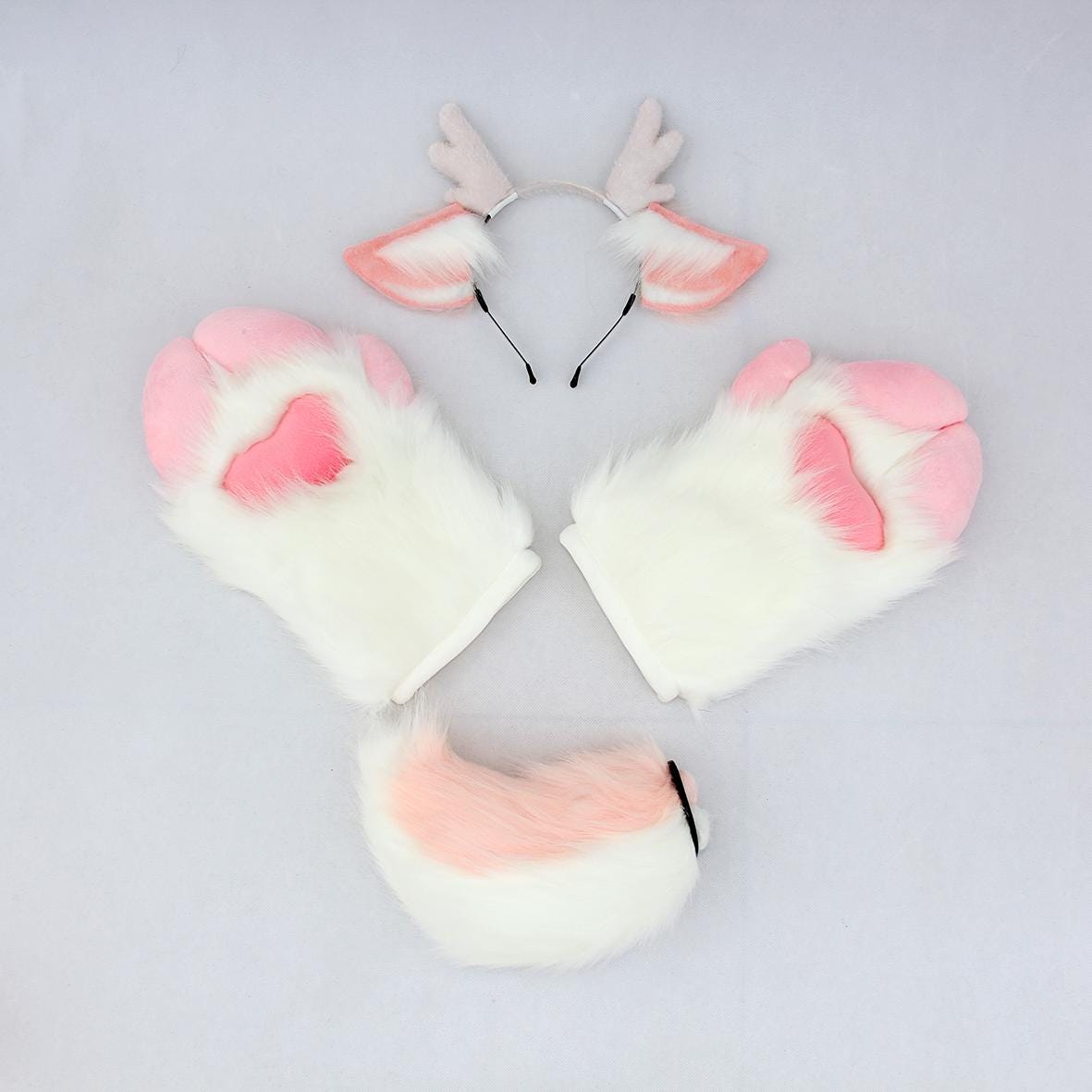 Fawn Paw Gloves Set - Deer Ears Headband and Fawn Tail, Pink White Kawaii Cosplay Hand Paws for Anime Conventions, Halloween Gift For Kids