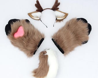 Halloween Deer Costume Set | Deer Ears Headband Paw Gloves & Tail | Kids Adult Woodland Animal Cosplay Party Outfit | Brown White