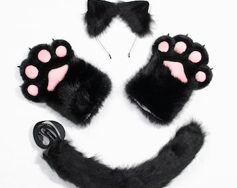 Conjunto de disfraz de gato negro de peluche, orejas y cola de piel sintética, guantes con sonido de pata (para niños), adorable disfraz de cosplay para niños, regalo para amantes de los gatos