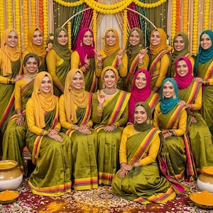 May include: A group of individuals wearing matching olive green sarees with yellow, pink, and orange striped borders, paired with long-sleeved yellow blouses and colorful hijabs in shades of yellow, pink, green, and teal, posed in a formal arrangement.
