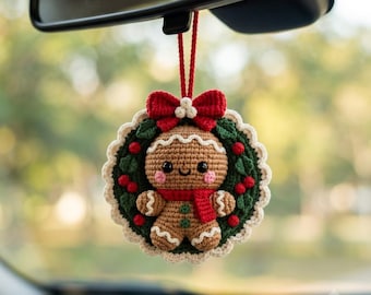 Gingerbread Wreath Crochet Car Hanging, Christmas Rearview Mirror Decoration