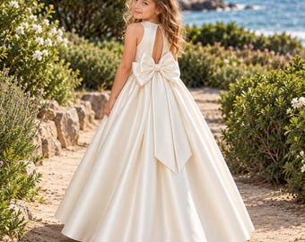 Ivory Satin Flower Girl Dress, Floor Length Wedding Gown with Pearl Waist and Large Back Bow