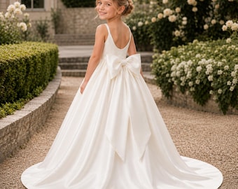 Custom Color Satin Flower Girl Dress, Long Formal Girls Wedding Dress, Big Bow Back Princess Gown, Junior Bridesmaid Dress