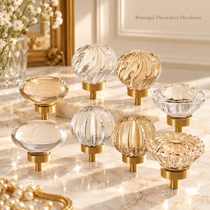 Crystal Cabinet Knob, Glass Drawer Pull with Brass Base, Decorative Furniture Hardware, Transparent or Champagne, 10 Styles