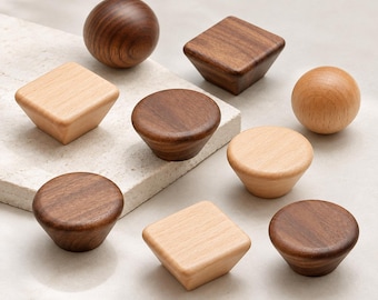 Wooden Cabinet Knobs, Solid Beech & Walnut Drawer Pulls, Round and Square Furniture Knobs, Japandi Kitchen Hardware