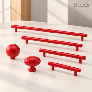 Vermilion Red Bauhaus Cabinet Hardware, Modern Color Block Drawer Pulls, Sculptural Furniture Knobs and Contemporary Handles