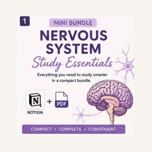 May include: A digital study guide titled MINI BUNDLE NERVOUS SYSTEM Study Essentials. It features a purple brain illustration, two neuron diagrams, a Notion icon, and a PDF icon. Text includes Everything you need to study smarter in a compact bundle and COMPACT COMPLETE CONVENIENT.