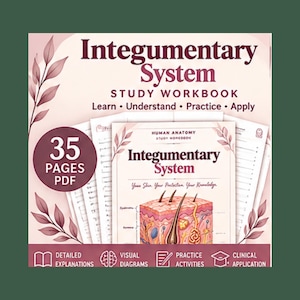 May include: A 35-page PDF study workbook titled Integumentary System, featuring a cross-section diagram of human skin with hair follicles. The cover includes the text Learn, Understand, Practice, Apply, and Your Skin, Your Protection, Your Knowledge.