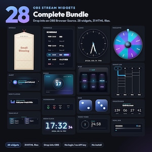 OBS Stream Widgets 28 in 1, Twitch Overlay Bundle, Clock Countdown Alert Roulette Bingo, VTuber Stream Widget Pack, Offline HTML Download