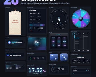 May include: A digital bundle of 28 OBS stream widgets featuring a dark theme with neon blue and purple accents. The collection includes an omikuji, schedule, clock, roulette, alert, bingo, slot, ghost leg, now playing, scoreboard, dice, countdown, team split, neon clock, work timer, and goal bar.