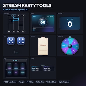 May include: A digital collection titled STREAM PARTY TOOLS featuring 8 interactive overlays for OBS. The set includes modules for Amidakuji, Bingo, Counter, Dice, Omikuji, Roulette, Slot, and Teams, displayed on a dark background with blue accents.