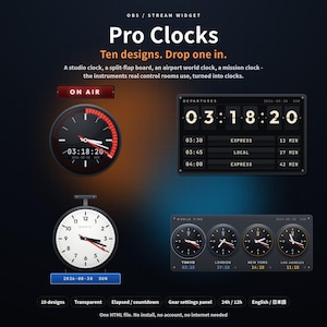 May include: A digital collection of ten clock designs for OBS stream widgets, featuring an On Air studio clock, a split-flap departures board, a classic analogue clock, and a four-city world time display, all presented on a dark background.