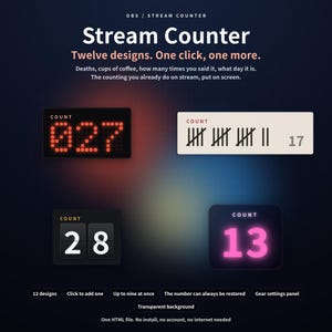 May include: A digital stream counter tool for OBS featuring twelve distinct designs. The interface displays various counting styles including red LED digits, tally marks, flip-style numbers, and neon pink numerals on a dark background.