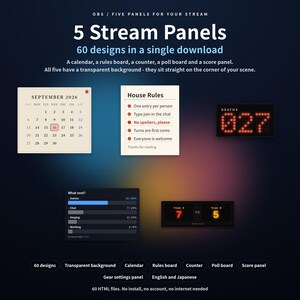 May include: A digital set of 5 stream panels including a September 2026 calendar, a House Rules board, a death counter, a poll board, and a score panel. The graphics feature dark and light backgrounds with red, blue, and white text elements.