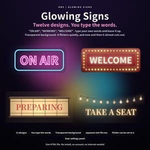 Op de afbeelding: Een digitale collectie van twaalf aanpasbare lichtborden met tekstopties zoals ON AIR, WELCOME, PREPARING en TAKE A SEAT. De ontwerpen bevatten neon-stijl randen, marquee-verlichting en lichtsnoeren op een donkere achtergrond.